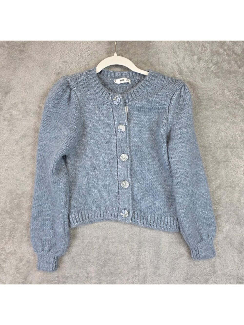 Mango Cardigan Sweater Womens XXS Blue Chunky Knit Button Front Puff Sleeve